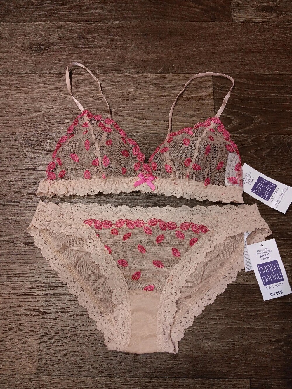 Hanky Panky Blush Beige Sheer Bralette & Bikini with Pink Embroidery Cute Vintag